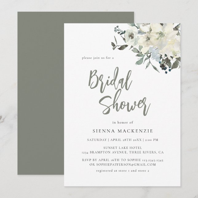 Elegant Olive Green Delicate Floral Bridal Shower Inbjudningar (Fram/baksida)