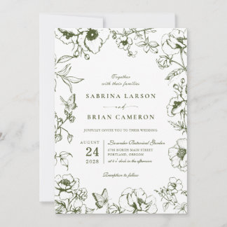 Elegant Olive Green Floral Garden Wedding Photo Inbjudningar