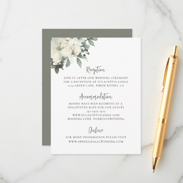 Elegant Olive Green Floral Wedding Enclosure Card Tilläggskort (Fram/Back In Situ)