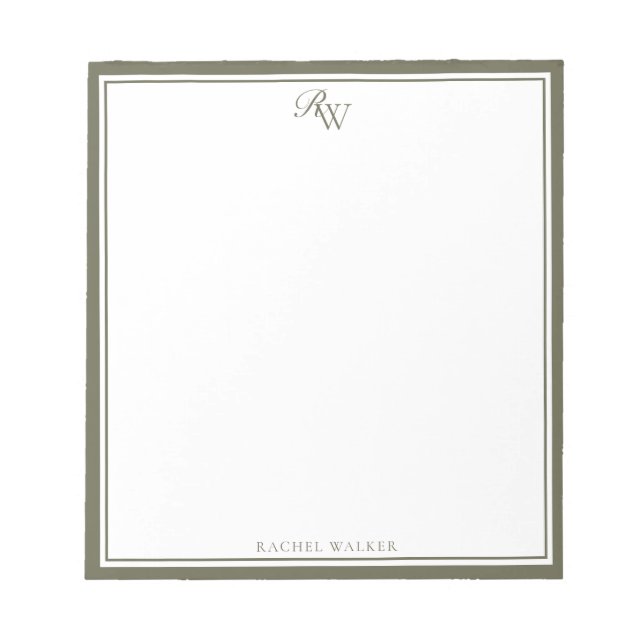Elegant Olive Green Monogram Two Border Anteckningsblock (Framsida)