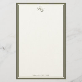 Elegant Olive Green Monogram Two Border Brevpapper