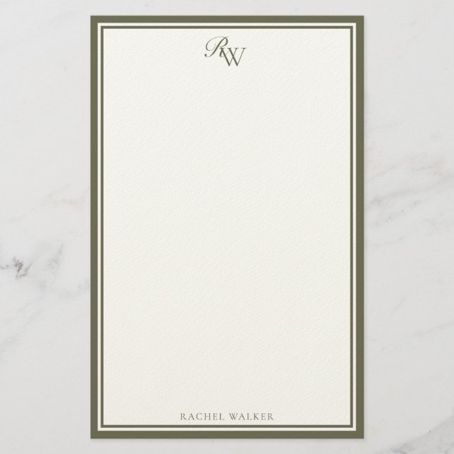 Elegant Olive Green Monogram Two Border Brevpapper (Framsida)