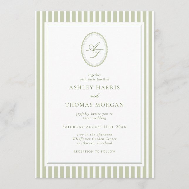 Elegant Olive Green Monogram Wedding Invitation Inbjudningar (Framsida)