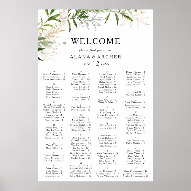 Elegant Olive Greenery Alfabetical Seattle Chart Poster (Framsidan)