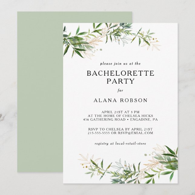 Elegant Olive Greenery Bachelorette Party bjudati Inbjudningar (Fram/baksida)