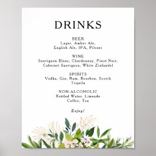 Elegant Olive Greenery Bröllop Drinks Menu Sign Poster