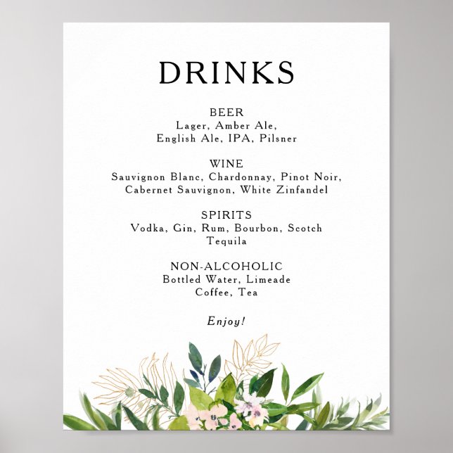 Elegant Olive Greenery Bröllop Drinks Menu Sign Poster (Framsidan)