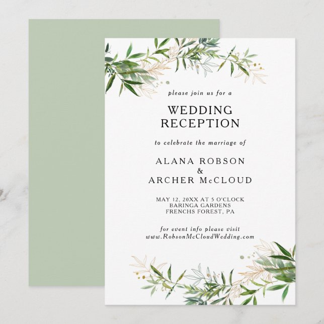 Elegant Olive Greenery bröllopsmottagning Inbjudningar (Fram/baksida)