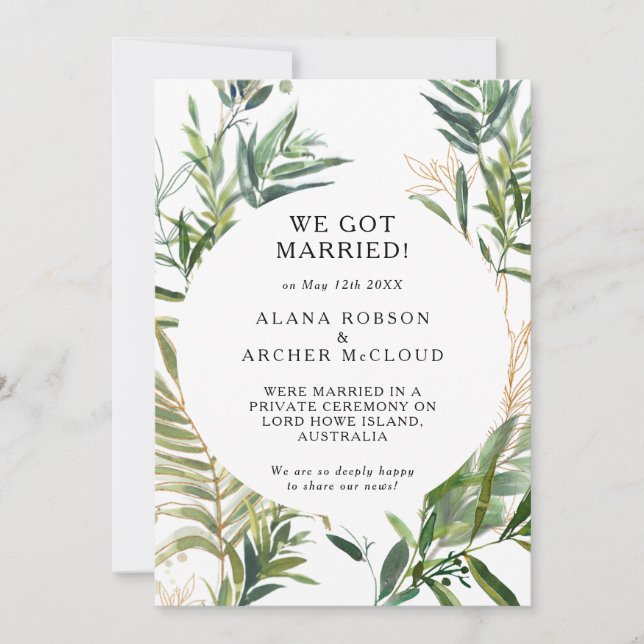 Elegant Olive Greenery Elopement annons Inbjudningar (Framsida)