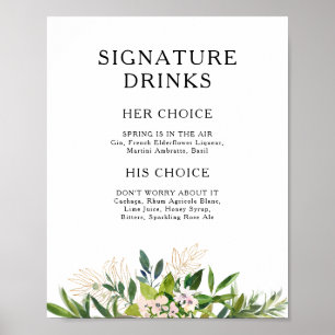 Elegant Olive Greenery Namnteckning Drinks Sign Poster