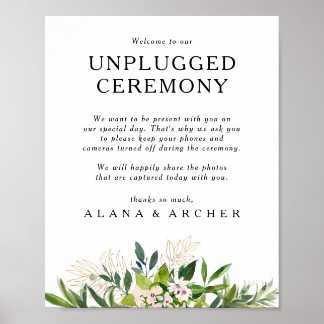 Elegant Olive Greenery Unplugged Ceremony-tecken Poster (Framsidan)