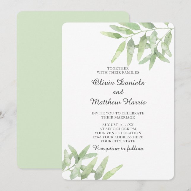 Elegant Olive Gren. Botaniskt enkelt bröllop Inbjudningar (Fram/baksida)