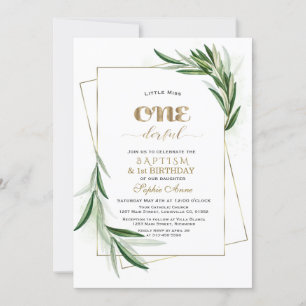 Elegant Olive Grenar First Birthday & Baptism Inbjudningar