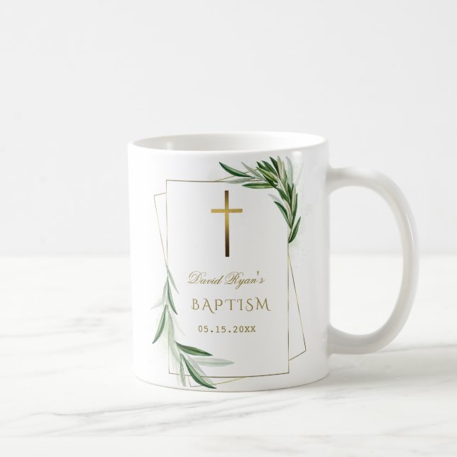 Elegant Olive Leaves Gold Boy Baptism Kaffemugg (Höger)