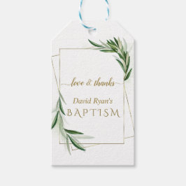 Elegant Olive Leaves Gold Boy Baptism Presentetikett