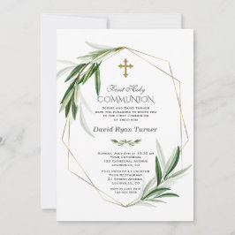 Elegant Olive Löv Guld Boy First Heliga Communion Inbjudningar