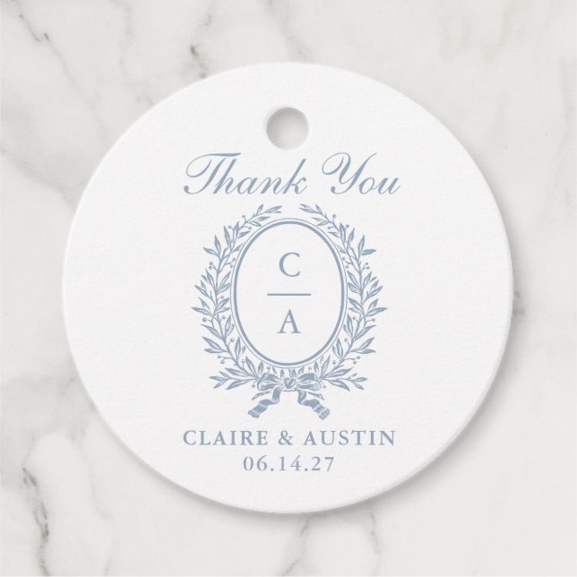 Elegant Olive Löv Vapensköld Blue Bröllop Monogram Gåvor Etiketter (Framsida)