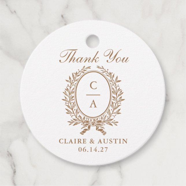 Elegant Olive Löv Vapensköld Guld Bröllop Monogram Gåvor Etiketter (Framsida)