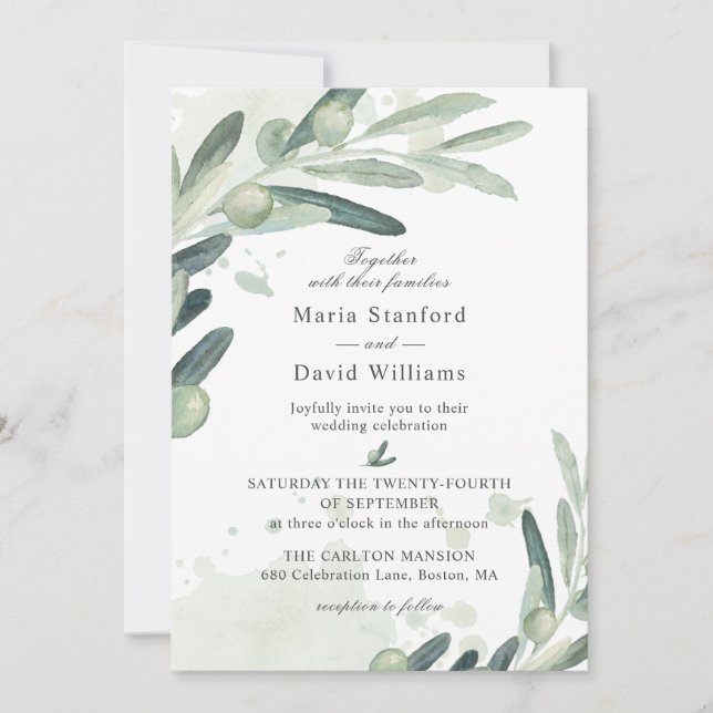 Elegant Olive Sprig Gren Bröllop Inbjudningar (Framsida)