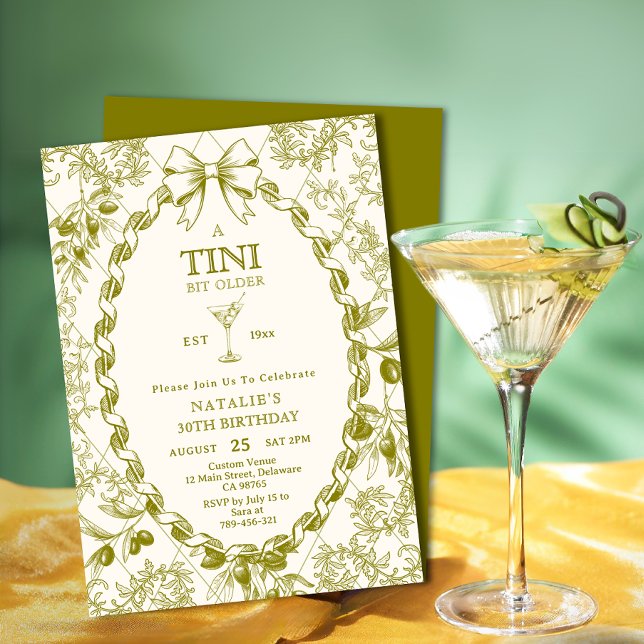 Elegant Olive Toile A Tini Bit Older 30års födelse Inbjudningar (Elegant Olive Toile A Tini Bit Older 30th Birthday Invitation)
