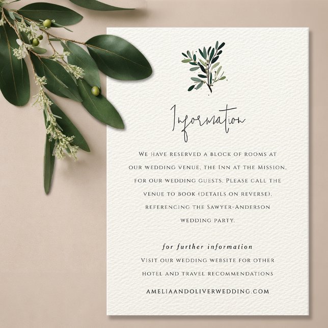 Elegant Olive Träd Gren Bröllop Tilläggskort (Olive tree branch wedding invitation suite enclosure card, information card, hotel details card)