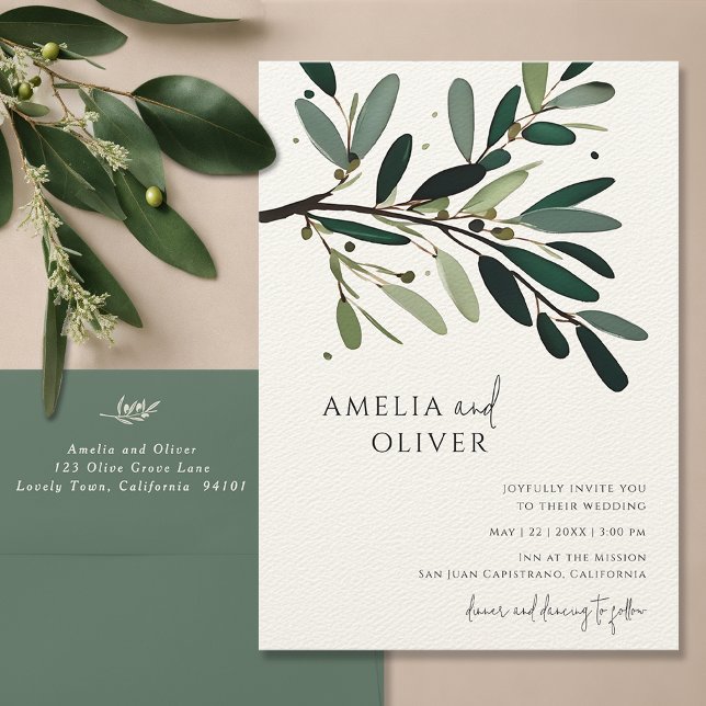 Elegant Olive Träd Gren minimalistisk Bröllop Inbjudningar (Olive tree branch wedding invitation, olive green botanical wedding invite, watercolor wedding card)