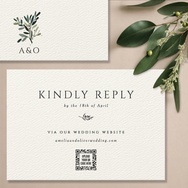 Elegant Olive Träd Gren minimalistisk Bröllop OSA Kort (Olive tree branch wedding invitation suite RSVP card QR code response kindly reply card, web site)