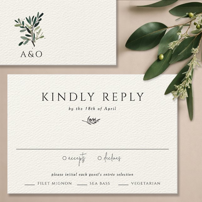 Elegant Olive Träd Gren minimalistisk Bröllop OSA Kort (Olive tree branch wedding invitation suite RSVP card, response card reply card elegant watercolor)