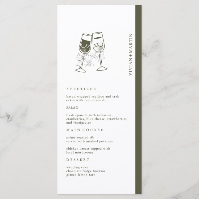 Elegant Olive wood Grönt Bröllop Meny (Framsida)