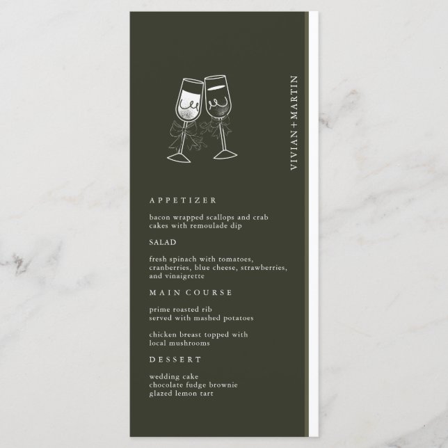 Elegant Olive wood Grönt Bröllop Meny (Framsida)