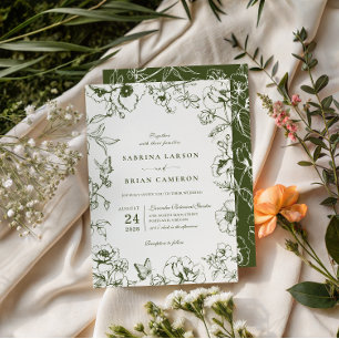Elegant Olivgrön Blommig Trädgård Bröllop Inbjudningar