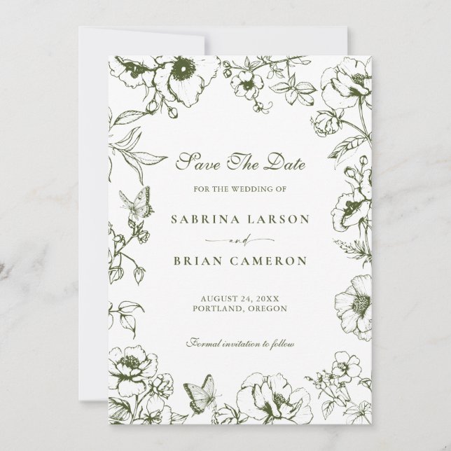 Elegant olivgrön blomsterträdgård spara datum inbjudningar (Framsida)