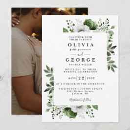 Elegant Olivgrön Botanisk Blommig Foto Bröllop Inbjudningar