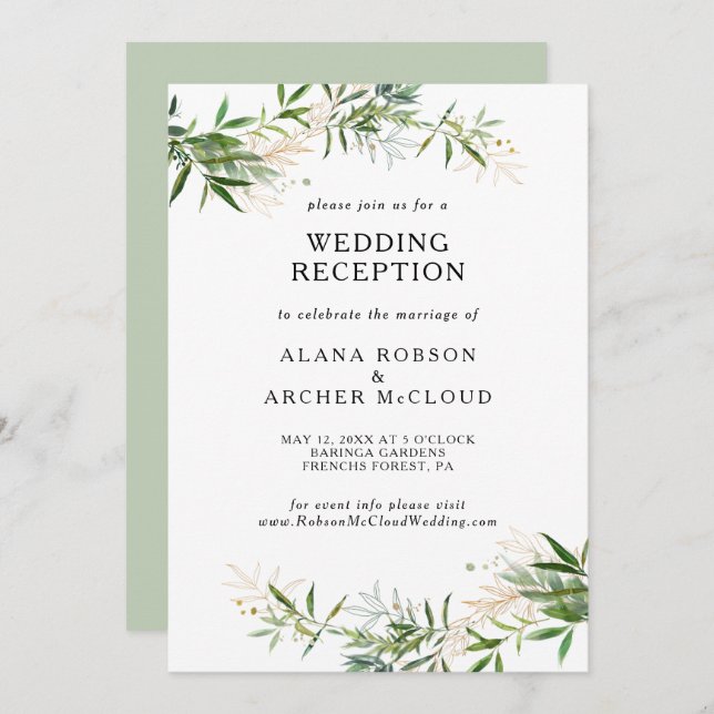 Elegant Olivgrön Bröllopsmottagning Inbjudningar (Fram/baksida)