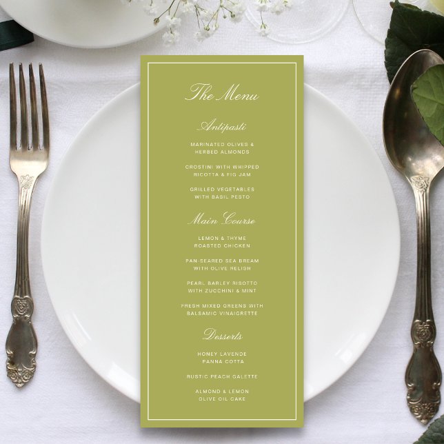 Elegant Olivgrön Bröllopsskrift Meny (Elegant olive green wedding menus present your dining details with timeless charm.)