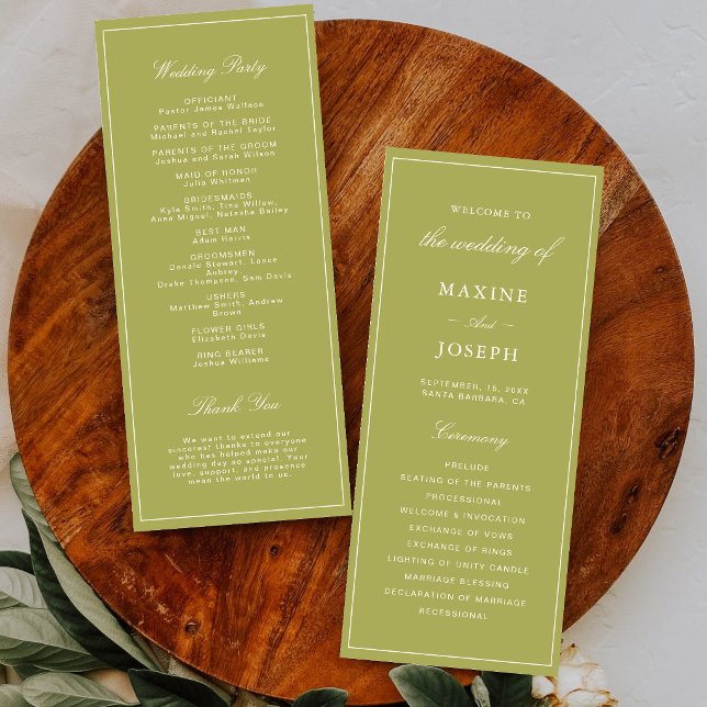 Elegant Olivgrön Bröllopsskrift Program (Elegant olive green wedding programs keep guests engaged with a polished, timeless touch.)