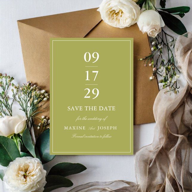 Elegant Olivgrön Bröllopsskrift Spara Datumet (Elegant olive green save the dates build anticipation with graceful and timeless appeal.)