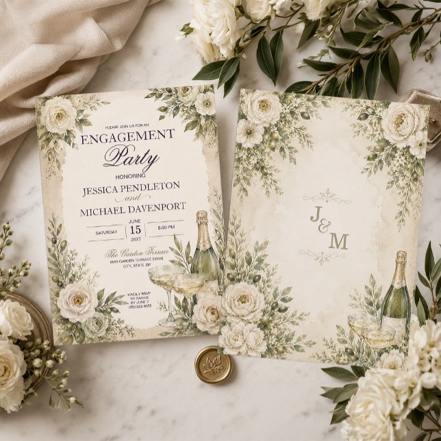 Elegant Olivgrön Champagne Trädgårdsförlovning Inbjudningar (Elegant olive green champagne Engagement Party invitation)