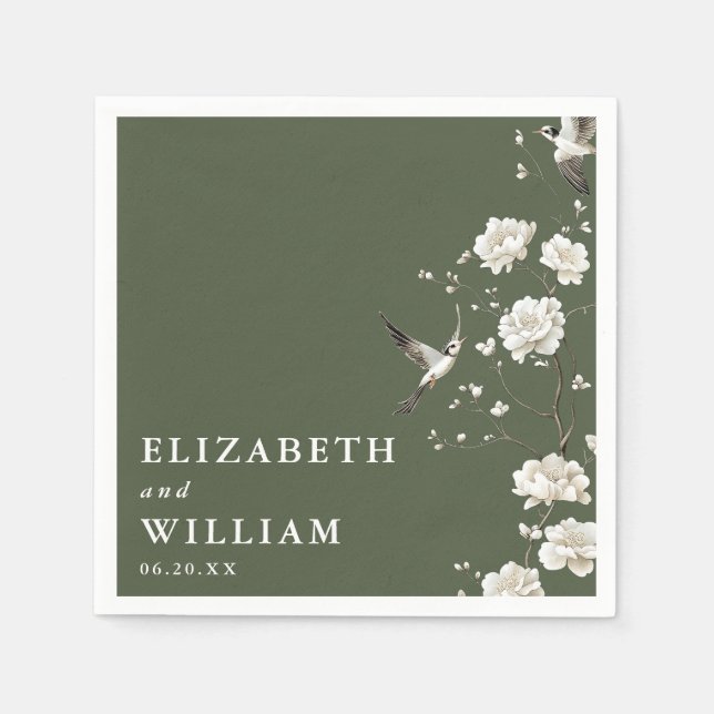 Elegant Olivgrön Chinoiserie Blommig Bröllops- Pappersservett (Framsidan)