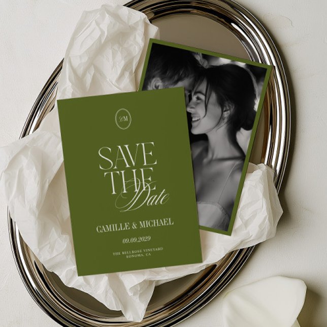 Elegant olivgrön fotografera spara datum kort (Elegant Olive Green Photo Save the Date Card)