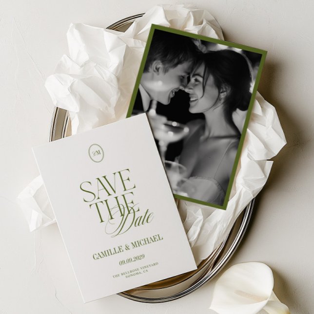 Elegant olivgrön fotografera spara datum kort (Elegant Olive Green Photo Save the Date Card)