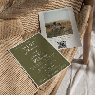 Elegant Olivgrön Gammal Pengar QR-kod Foto Bröllop Inbjudningar