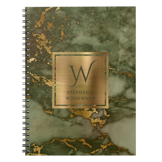 Elegant Olivgrön Guld Marmor Monogram Anteckningsbok (Framsidan)
