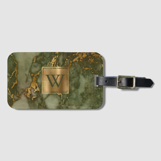 Elegant Olivgrön Guld Marmor Monogram Bagagebricka (Framsida horisontal)
