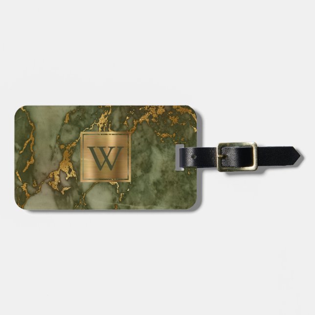 Elegant olivgrön guldmarmor-monogram bagagebricka (Horisontell Framsida)
