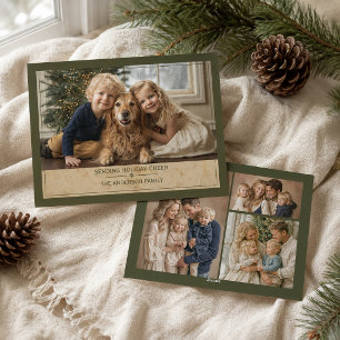 Elegant Olivgrön Jul Familj Multi Foto  Julkort