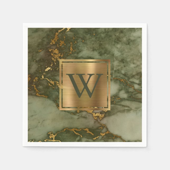 Elegant olivgrön marmor guldmonogram pappersservett (Framsidan)