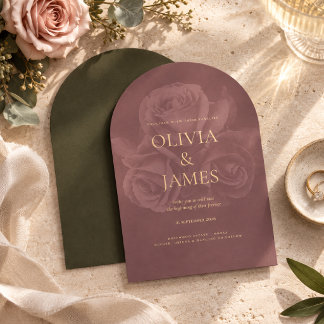 Elegant Olivgrön & Mauve Blommig Bröllopsinbjudan Inbjudningar
