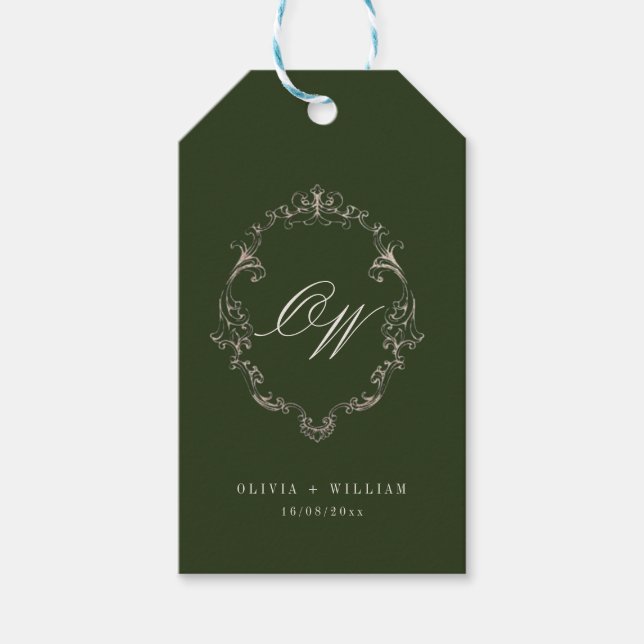 Elegant Olivgrön Monogram Bröllop Presentetikett (Framsidan)