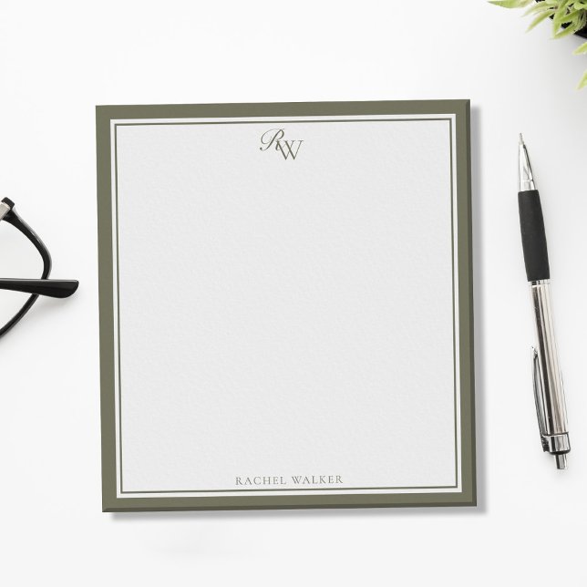 Elegant Olivgrön Monogram Två Kantlinjer Anteckningsblock (Skapare uppladdad)